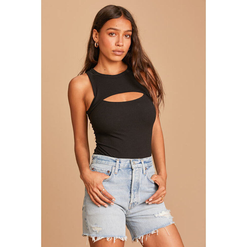 Lulus Flirtatious Black Ribbed Sleeveless Cutout Bodysuit - Size M